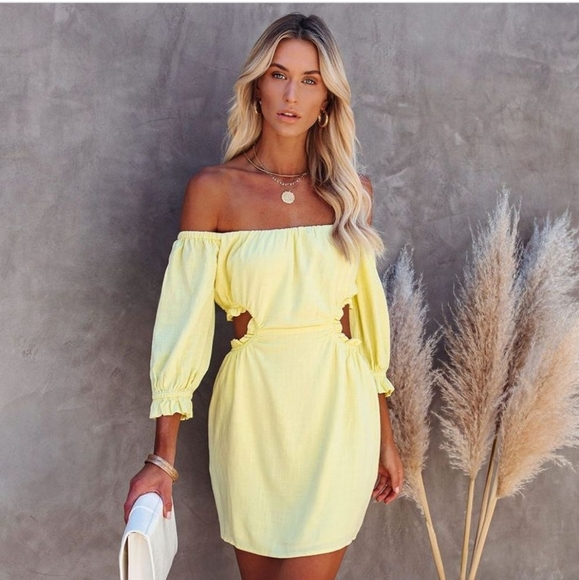 SKYLAR ROSE Sundance Linen Blend Off The Shoulder Cutout Dress In Yellow. S NWT - Picture 1 of 11